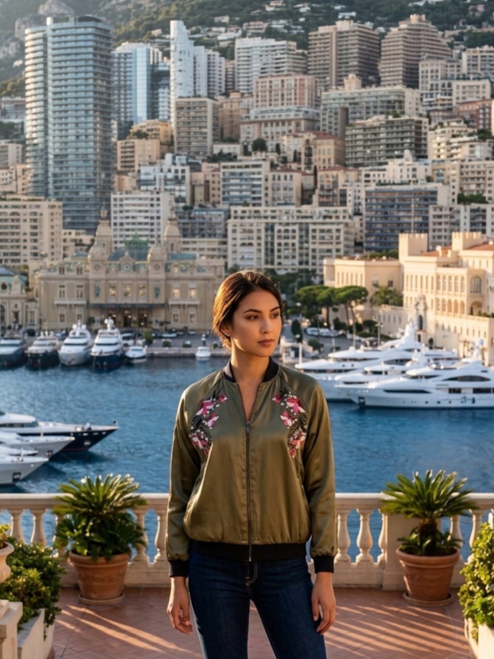 🐾Saks Fifth Avenue Olive embroidered Satin Bomber Jacket Floral Detail (L) GUC..